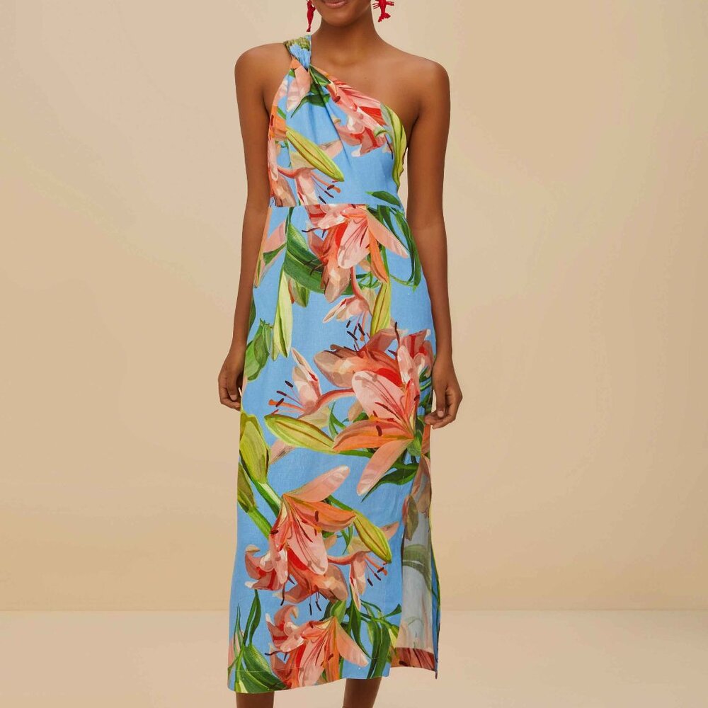 FARM Rio Blue Lily Bloom Euroflax™ Premium Linen Midi Dress Size LLILY BLOOM BLU
